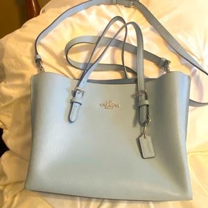 Coach, light blue hand bag or cross body with matching wallet.
